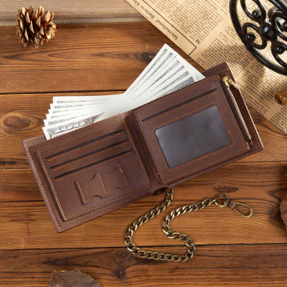 6 names - Personalized Wallet for Dad - Unique Fist Bump Design with Chain – PU Leather Bifold Father's Day Gift 