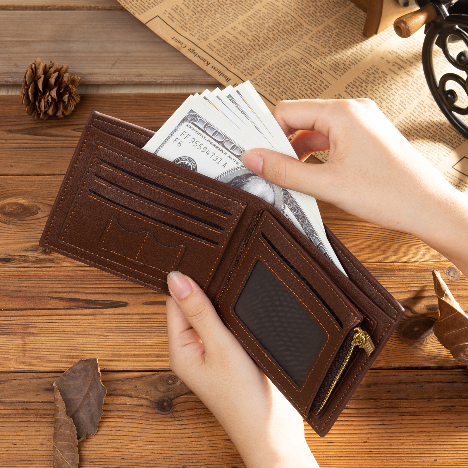 6 names - Personalized Wallet for Dad - Unique Fist Bump Design with Chain – PU Leather Bifold Father's Day Gift 