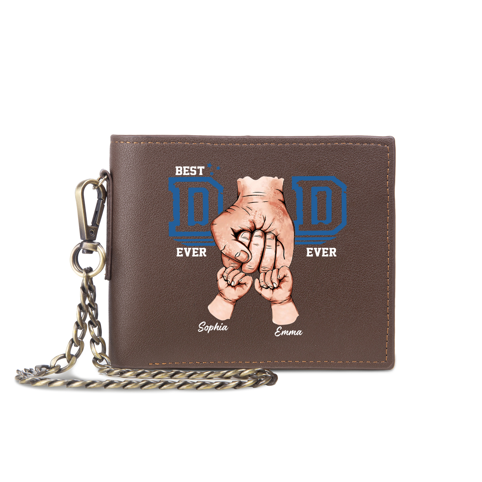 2 names - Personalized Wallet for Dad - Unique Fist Bump Design with Chain – PU Leather Bifold Father's Day Gift 