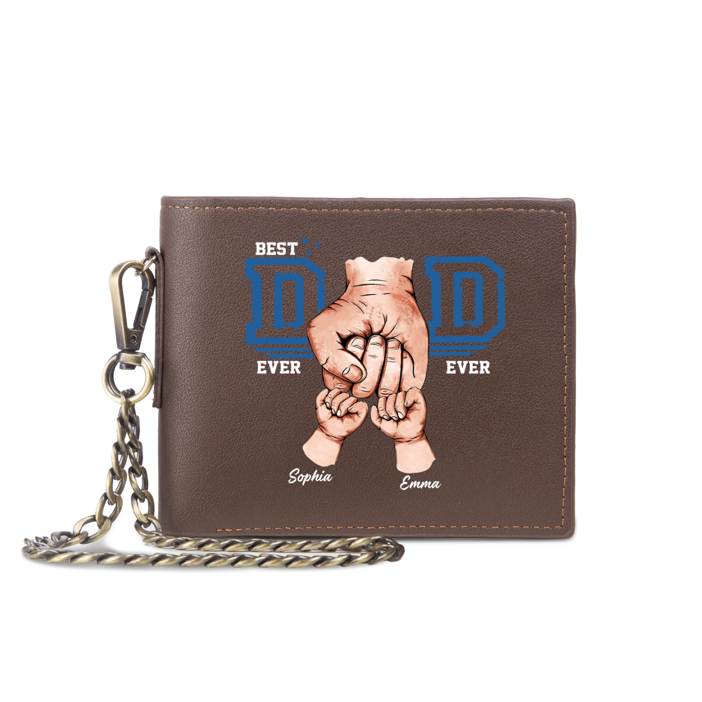 2 names - Personalized Wallet for Dad - Unique Fist Bump Design with Chain – PU Leather Bifold Father's Day Gift 
