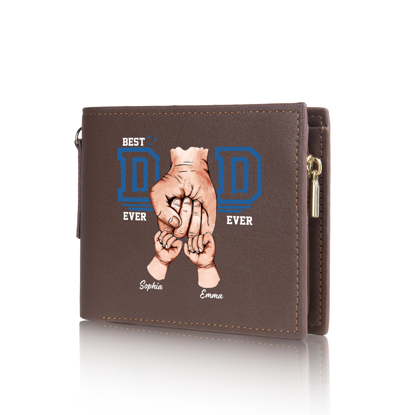 2 names - Personalized Wallet for Dad - Unique Fist Bump Design with Chain – PU Leather Bifold Father's Day Gift 