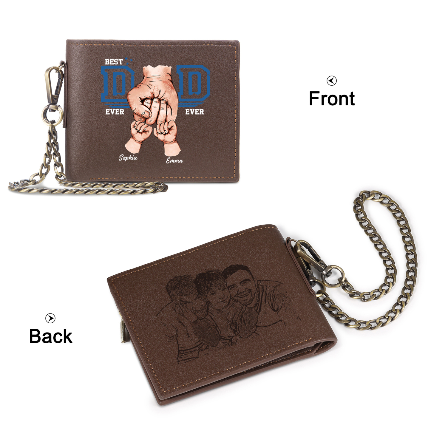 2 names - Personalized Wallet for Dad - Unique Fist Bump Design with Chain – PU Leather Bifold Father's Day Gift 