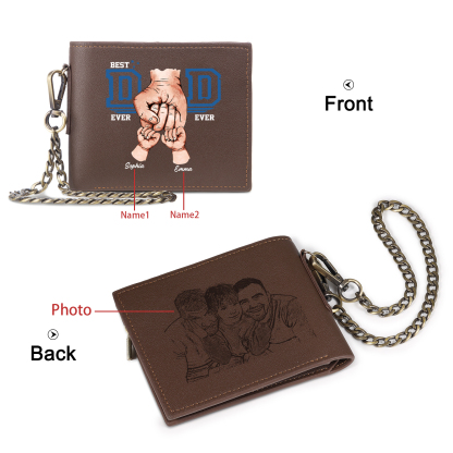 2 names - Personalized Wallet for Dad - Unique Fist Bump Design with Chain – PU Leather Bifold Father's Day Gift 