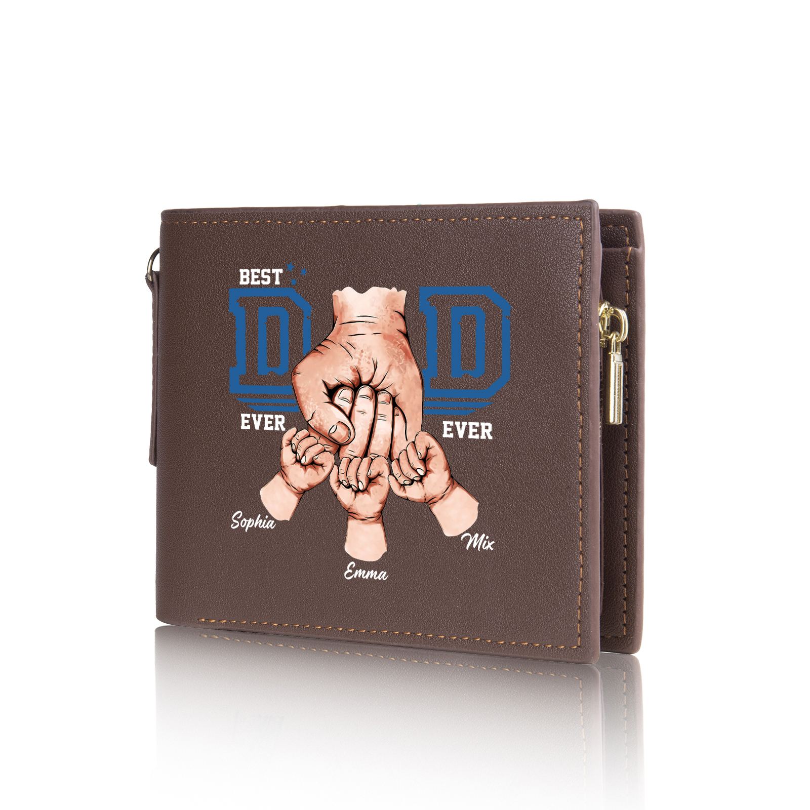 3 names - Personalized Wallet for Dad - Unique Fist Bump Design with Chain – PU Leather Bifold Father's Day Gift 