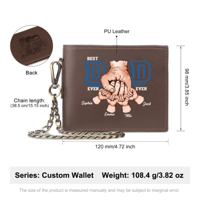 4 names - Personalized Wallet for Dad - Unique Fist Bump Design with Chain – PU Leather Bifold Father's Day Gift 