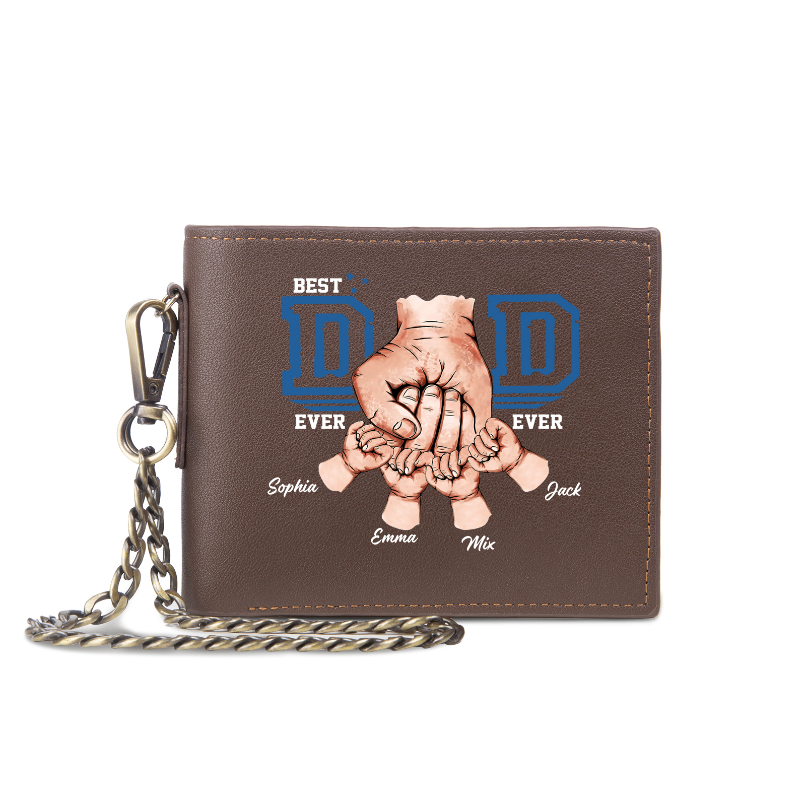 4 names - Personalized Wallet for Dad - Unique Fist Bump Design with Chain – PU Leather Bifold Father's Day Gift 