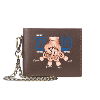 4 names - Personalized Wallet for Dad - Unique Fist Bump Design with Chain – PU Leather Bifold Father's Day Gift 