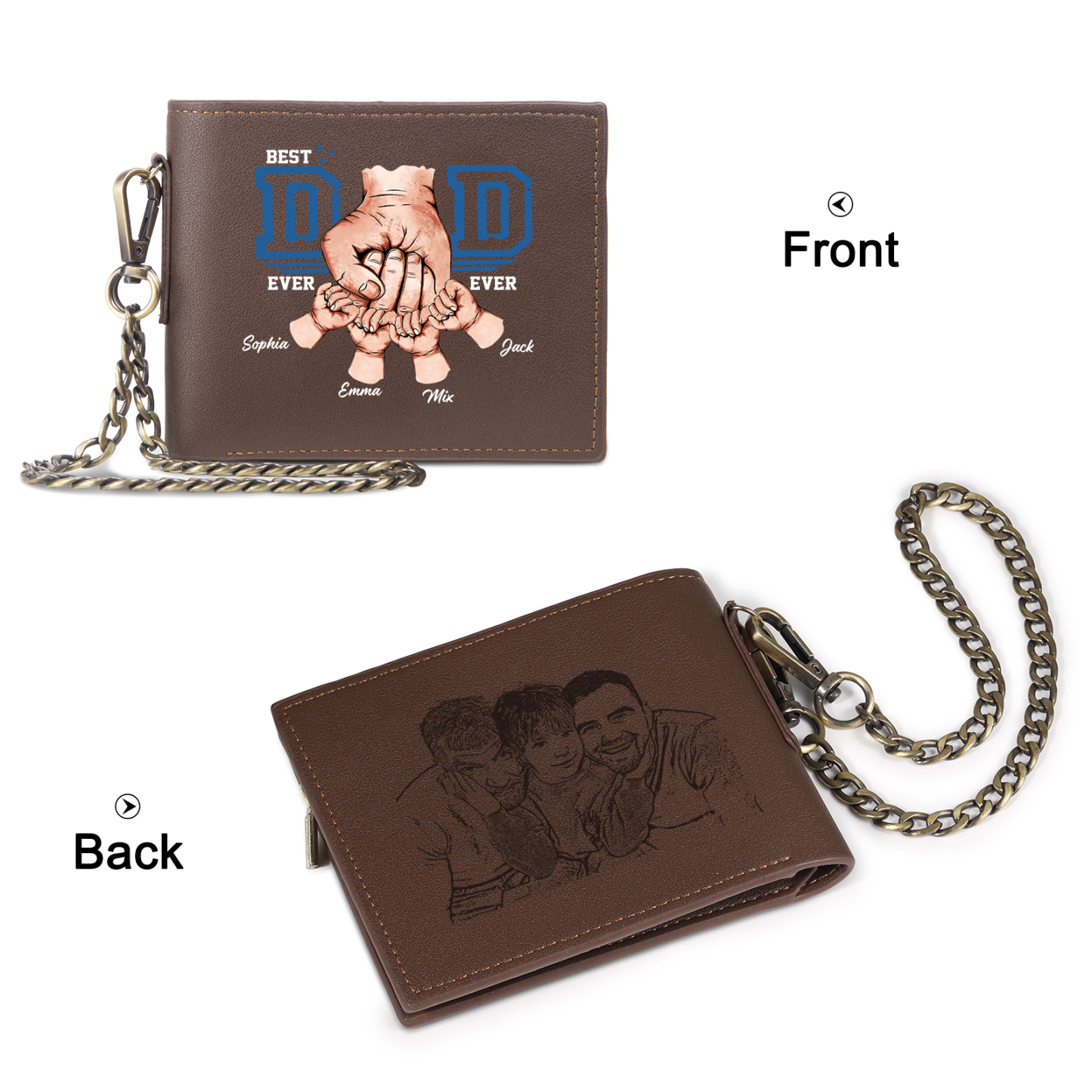 4 names - Personalized Wallet for Dad - Unique Fist Bump Design with Chain – PU Leather Bifold Father's Day Gift 