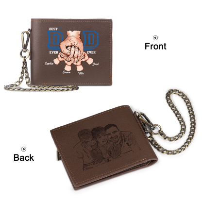 4 names - Personalized Wallet for Dad - Unique Fist Bump Design with Chain – PU Leather Bifold Father's Day Gift 