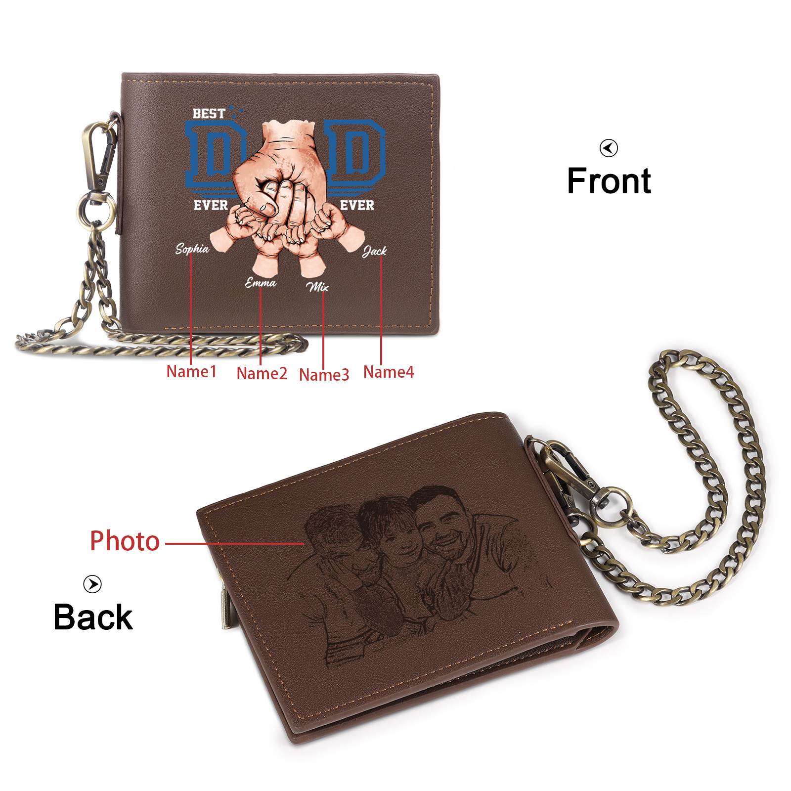 4 names - Personalized Wallet for Dad - Unique Fist Bump Design with Chain – PU Leather Bifold Father's Day Gift 