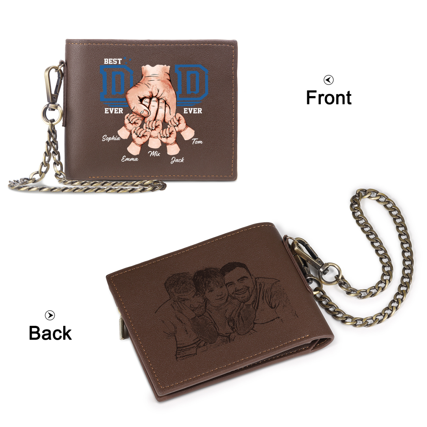 5 names - Personalized Wallet for Dad - Unique Fist Bump Design with Chain – PU Leather Bifold Father's Day Gift 