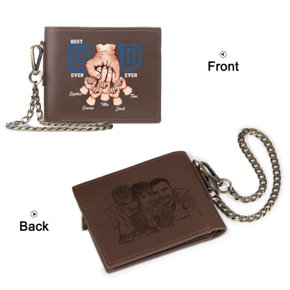5 names - Personalized Wallet for Dad - Unique Fist Bump Design with Chain – PU Leather Bifold Father's Day Gift 