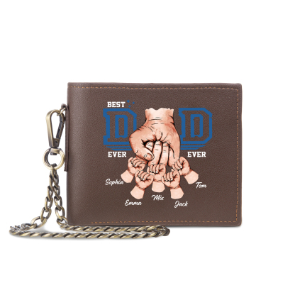 5 names - Personalized Wallet for Dad - Unique Fist Bump Design with Chain – PU Leather Bifold Father's Day Gift 