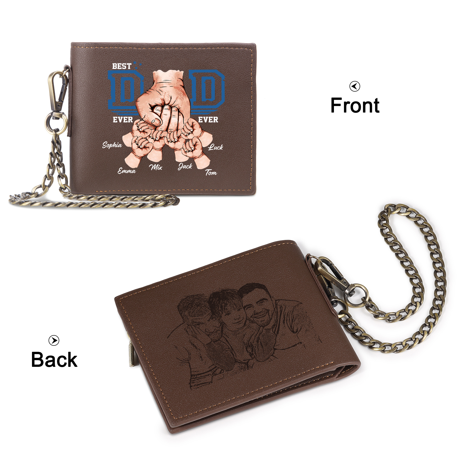 6 names - Personalized Wallet for Dad - Unique Fist Bump Design with Chain – PU Leather Bifold Father's Day Gift 