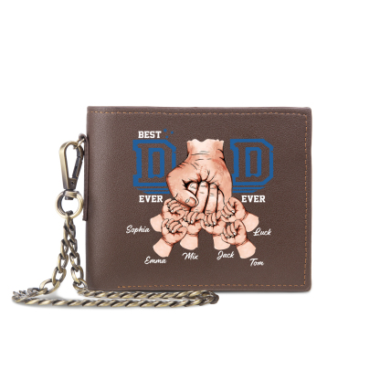 6 names - Personalized Wallet for Dad - Unique Fist Bump Design with Chain – PU Leather Bifold Father's Day Gift 