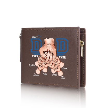 6 names - Personalized Wallet for Dad - Unique Fist Bump Design with Chain – PU Leather Bifold Father's Day Gift 