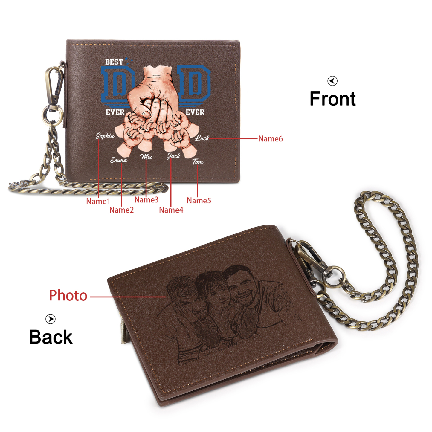 6 names - Personalized Wallet for Dad - Unique Fist Bump Design with Chain – PU Leather Bifold Father's Day Gift 