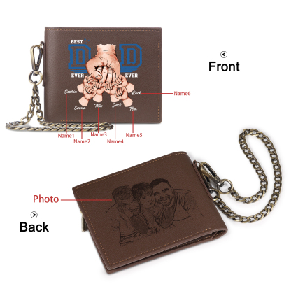 6 names - Personalized Wallet for Dad - Unique Fist Bump Design with Chain – PU Leather Bifold Father's Day Gift 