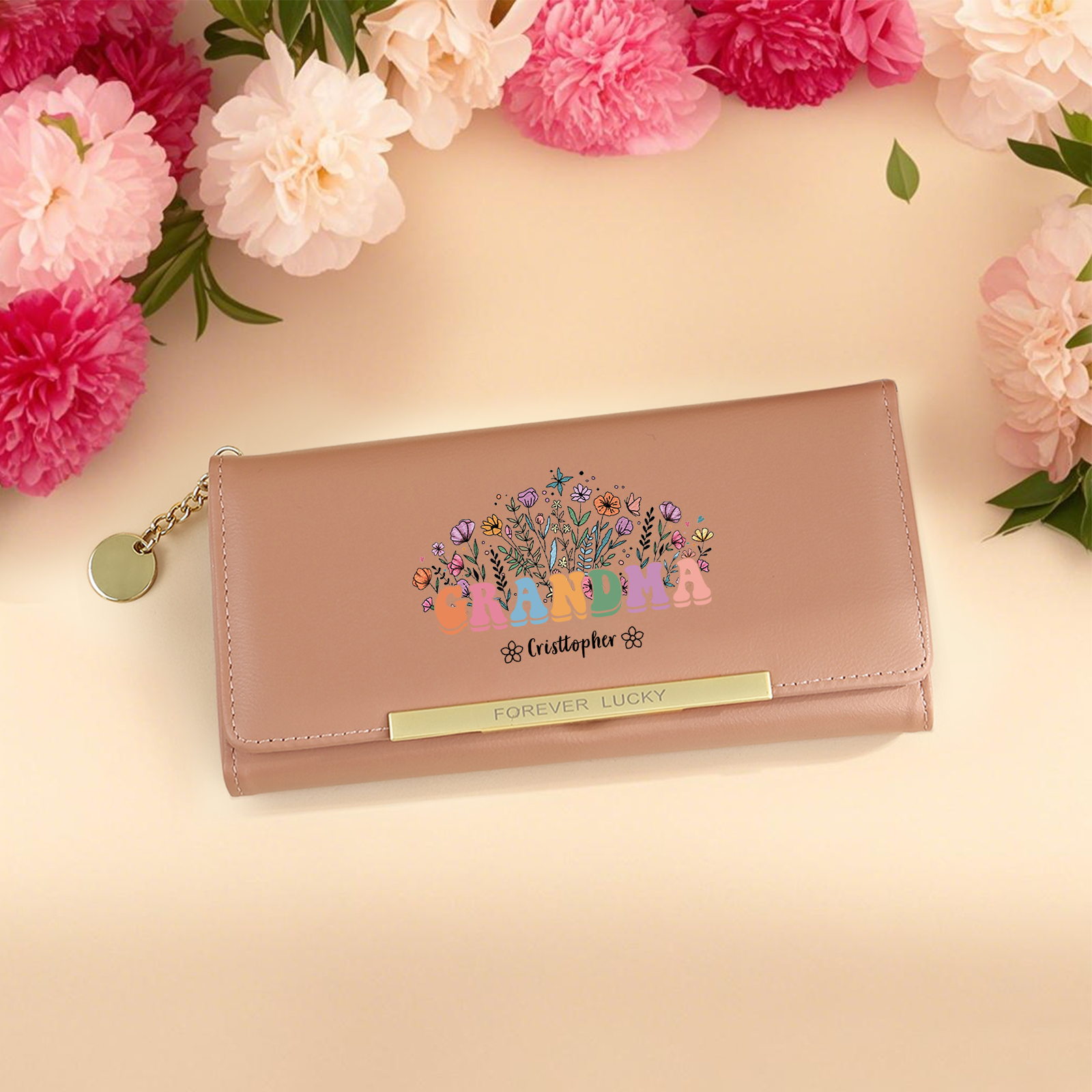 Gift for Grandma – Custom Name Floral Wallet with Elegant Design and Large Capacity