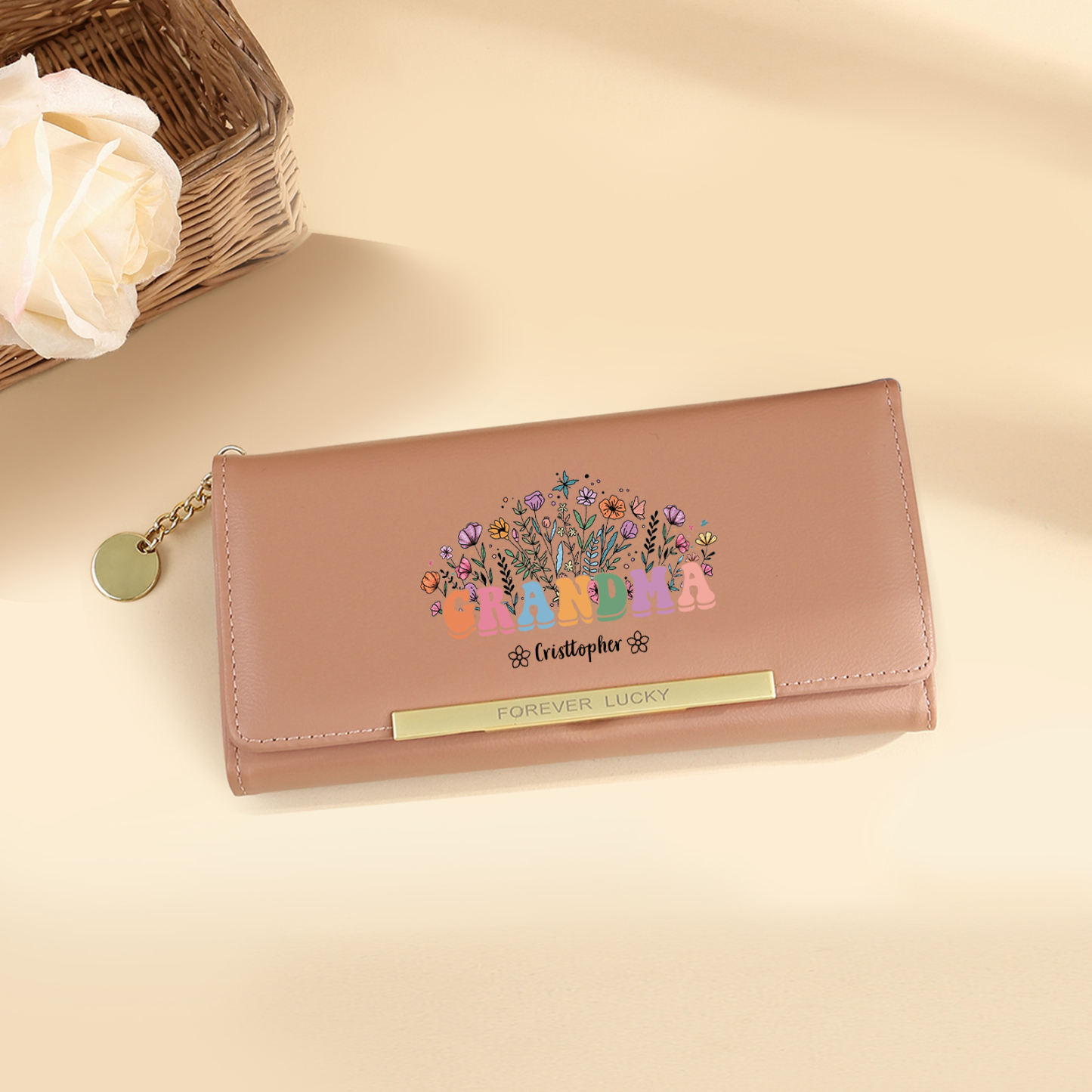 Gift for Grandma – Custom Name Floral Wallet with Elegant Design and Large Capacity