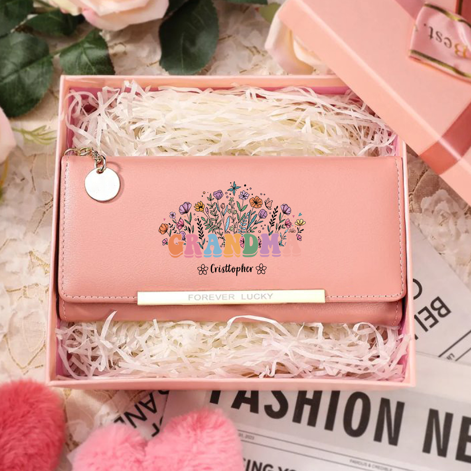 Gift for Grandma – Custom Name Floral Wallet with Elegant Design and Large Capacity