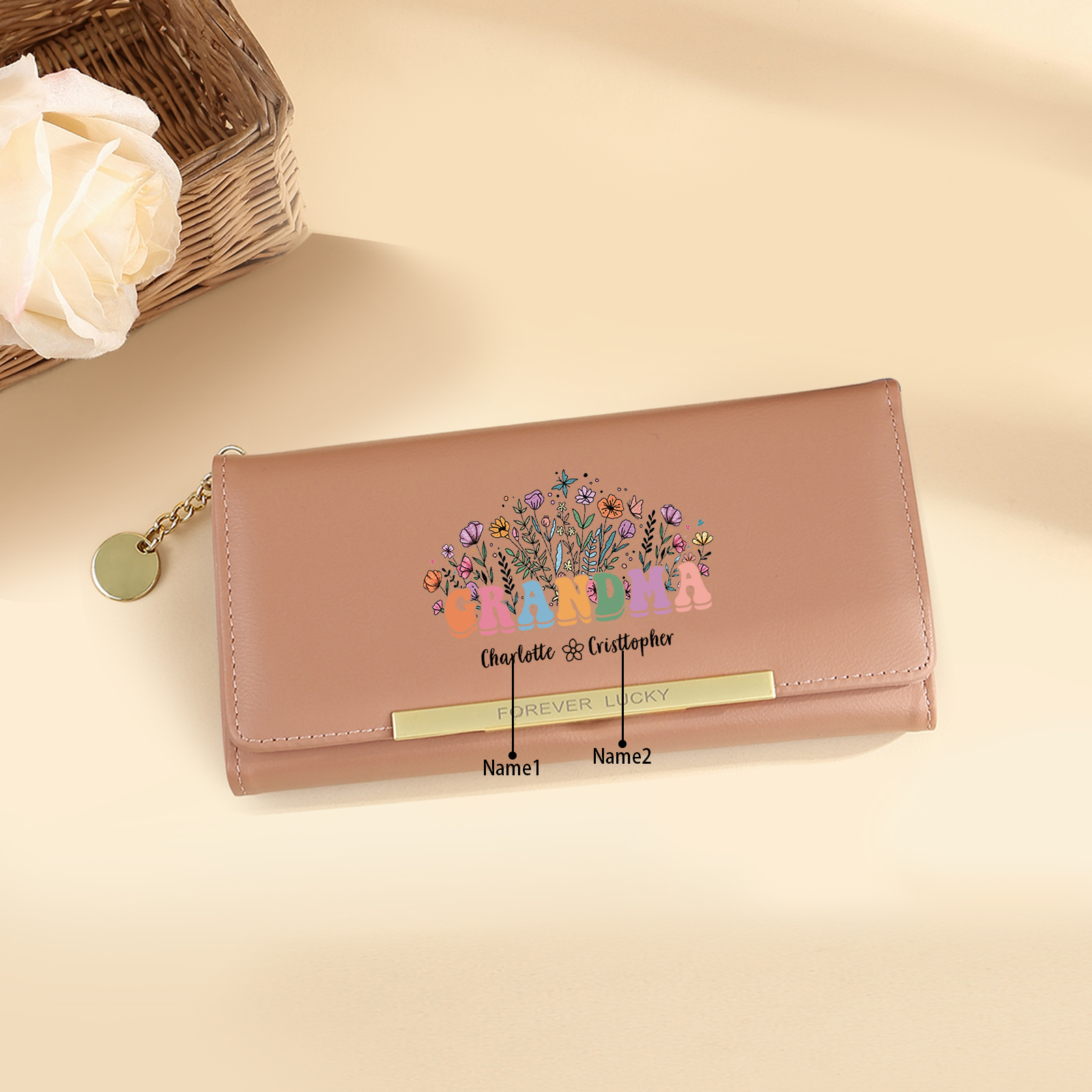 Gift for Grandma – Custom Name Floral Wallet with Elegant Design and Large Capacity