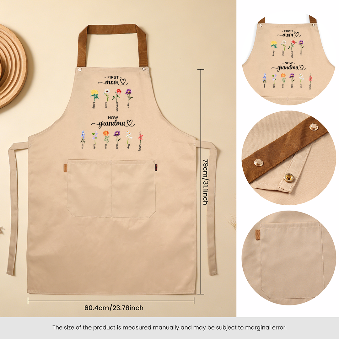 Personalized Apron “First Mom, Now Grandma” Custom with 2-16 Names and Birth Flowers