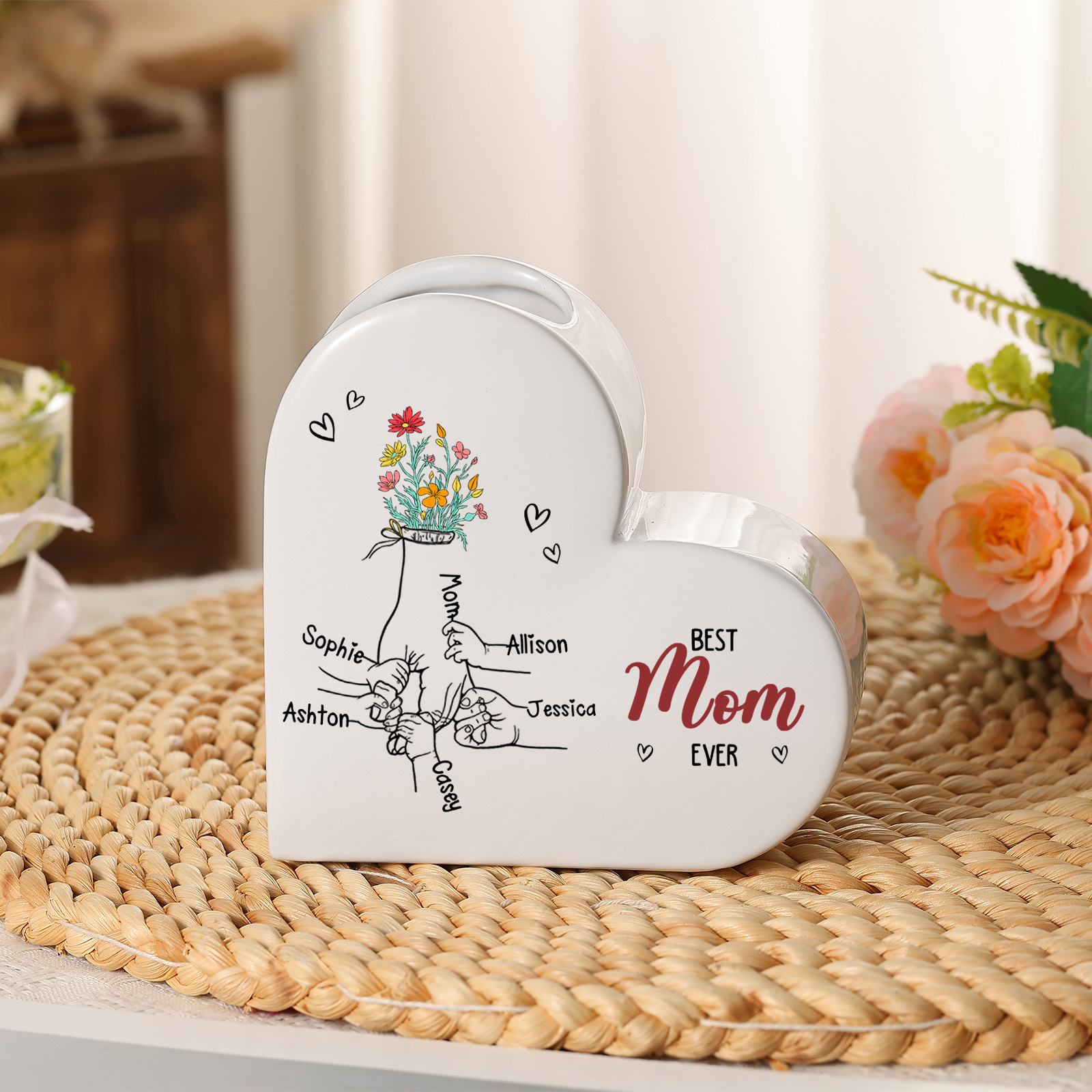 Personalized Heart Flower Vase “Best Mom/Grandma Ever” Custom 2–7 Names Ceramic Vase