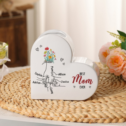 Personalized Heart Flower Vase “Best Mom/Grandma Ever” Custom 2–7 Names Ceramic Vase