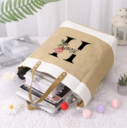 Personalized Jute Tote Bag, Birth Flower Monogram