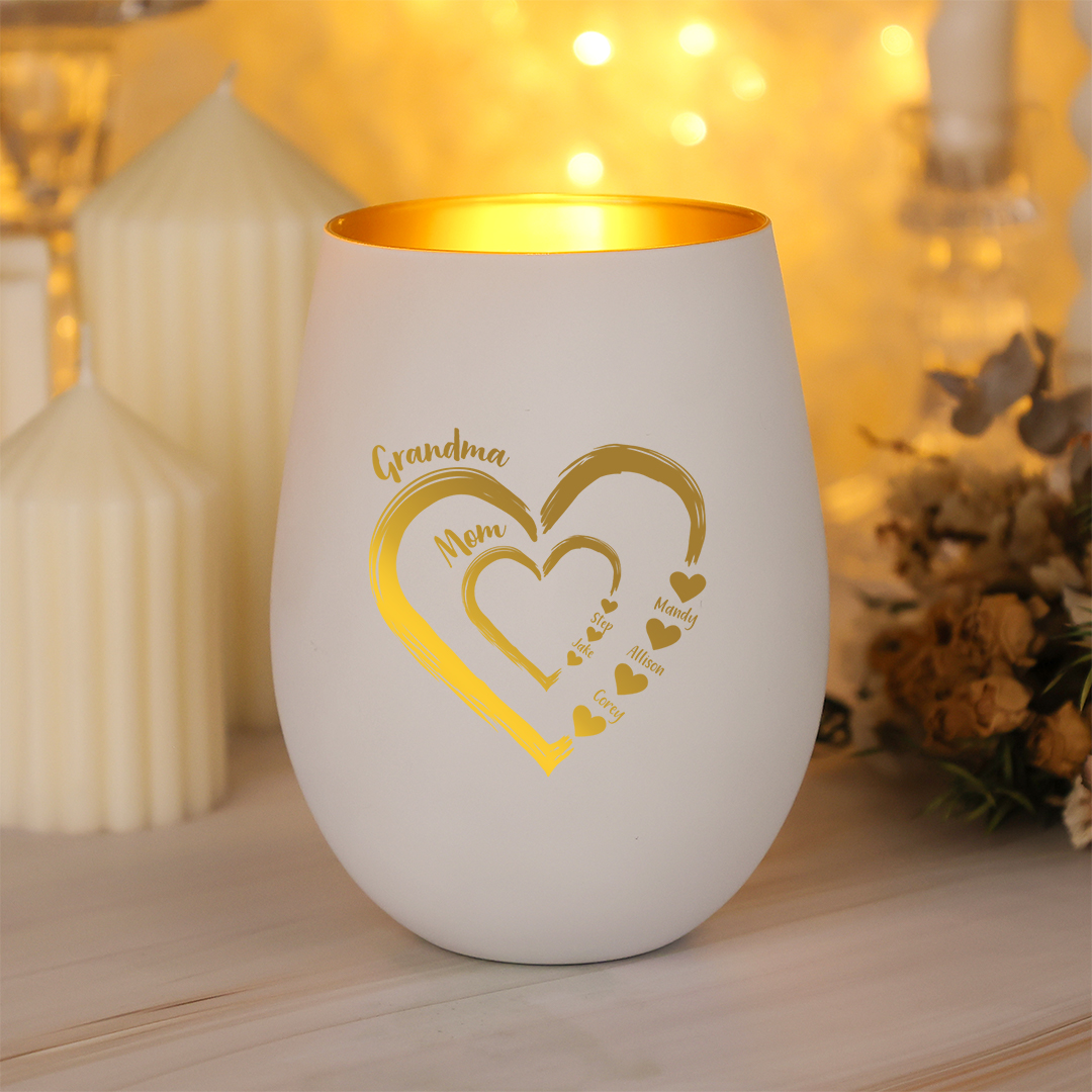 Personalized Glass Candle Holder Heart Print Custom With 2–18 Names Family Gift For Grandma Or Mom Family Gift, Mother’s Day or Birthday Gift for Grandma and Mom | Jessemade