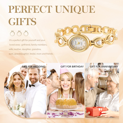 Personalized Women's Watch - Elegant Gold Bracelet Watch with Pearls - Customize with 1 Name Gift for Her | Jessemade