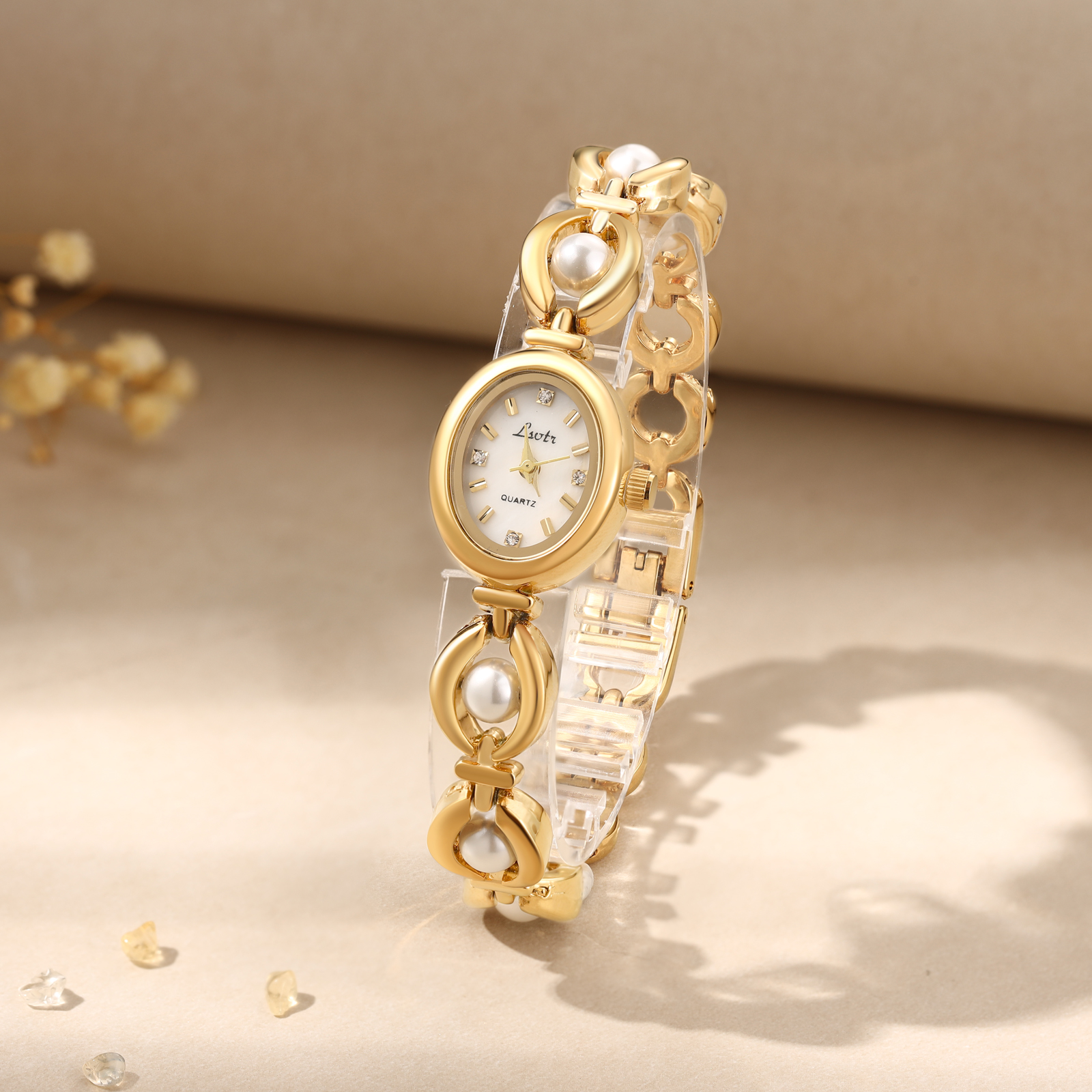 Personalized Women's Watch - Elegant Gold Bracelet Watch with Pearls - Customize with 1 Name Gift for Her | Jessemade