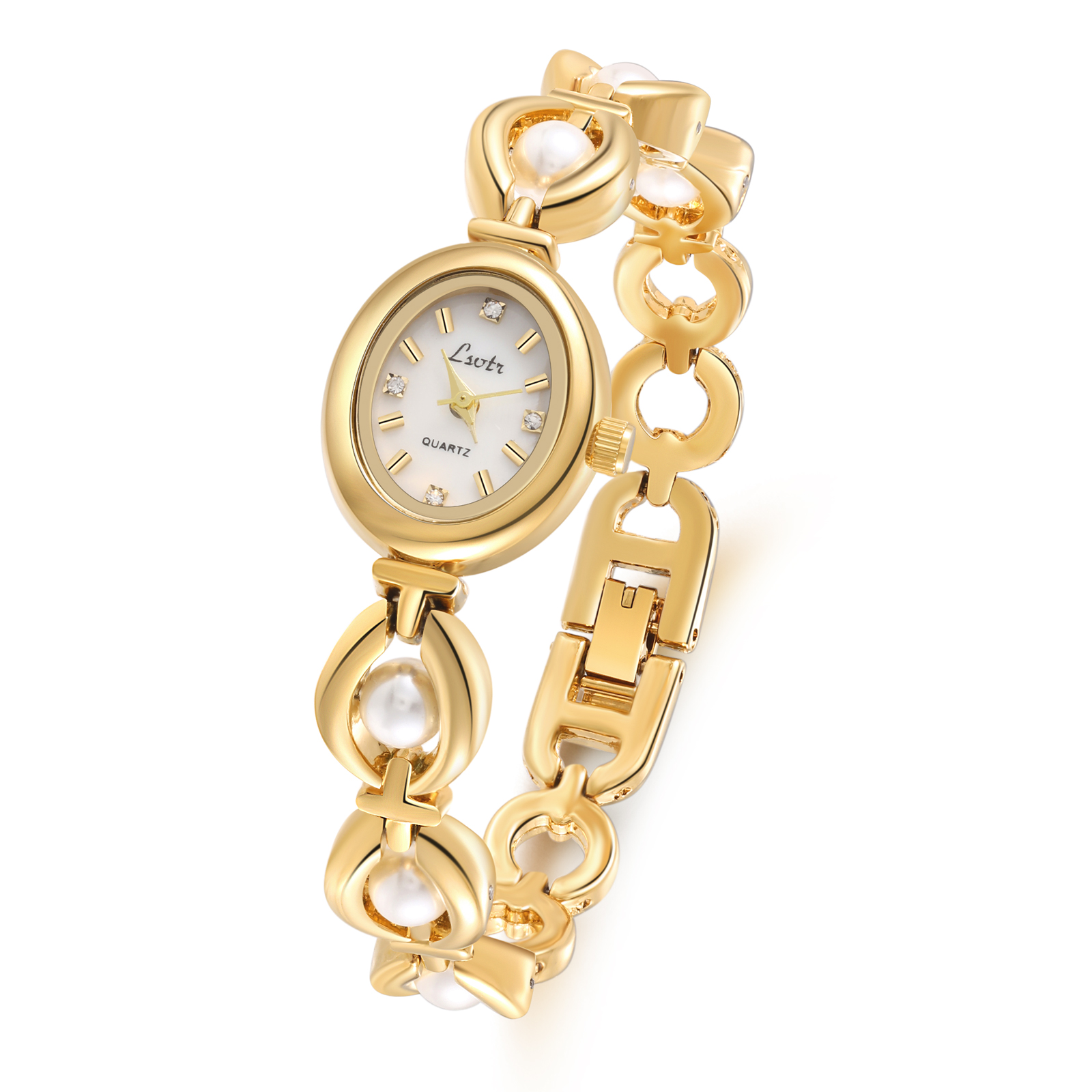 Personalized Women's Watch - Elegant Gold Bracelet Watch with Pearls - Customize with 1 Name Gift for Her | Jessemade