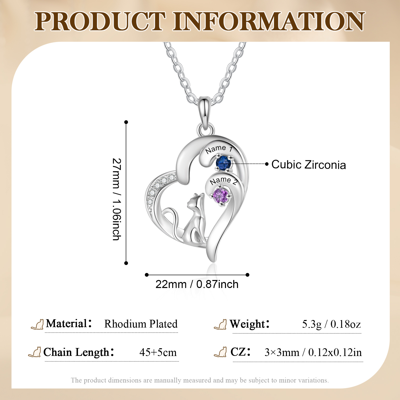 Personalized Cat Heart Necklace with 2–5 Birthstones and Names
