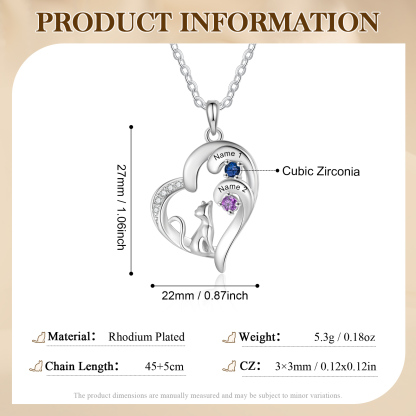 Personalized Cat Heart Necklace with 2–5 Birthstones and Names