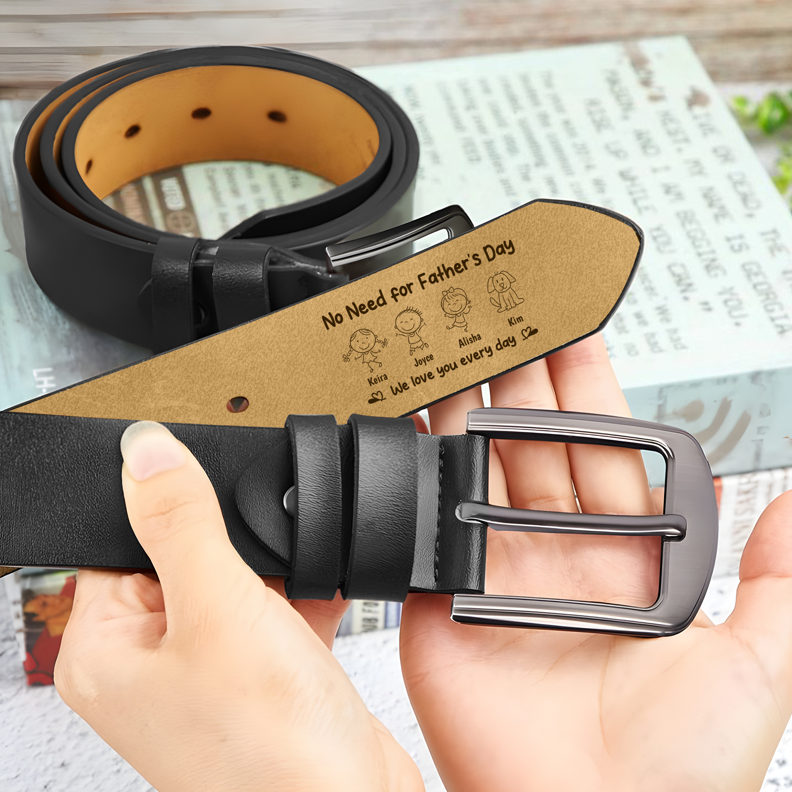 Personalized Leather Belt for Men Customized with 1-6 Names and Kids’ Drawing Gift for Dad Father’s Day