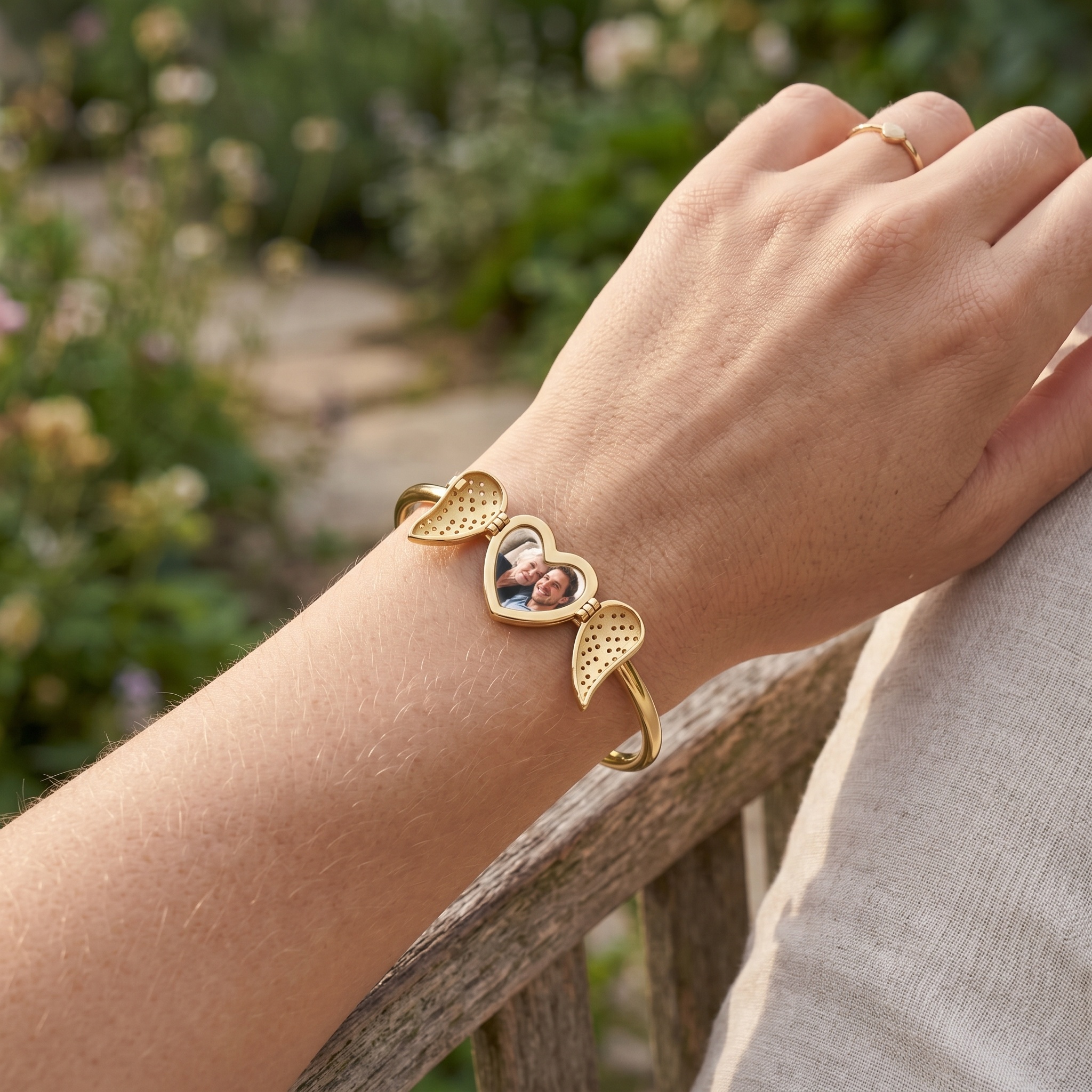 Personalized Angel Wing Heart Photo Cuff Bracelet