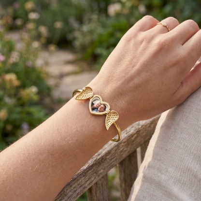 Personalized Angel Wing Heart Photo Cuff Bracelet