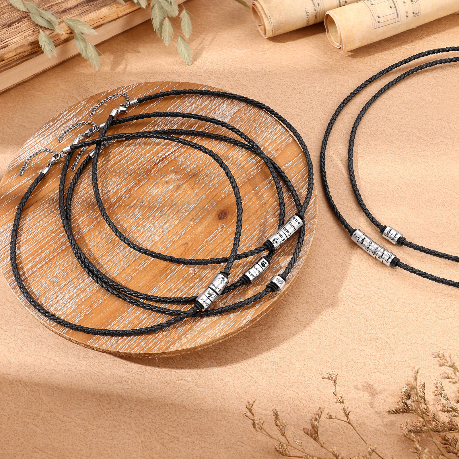 Personalized Braided Leather Necklace for Men Customized with 1–6 Names Beads