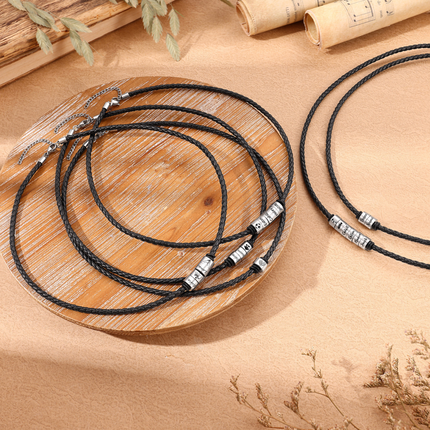 Personalized Braided Leather Necklace for Men Customized with 1–6 Names Beads