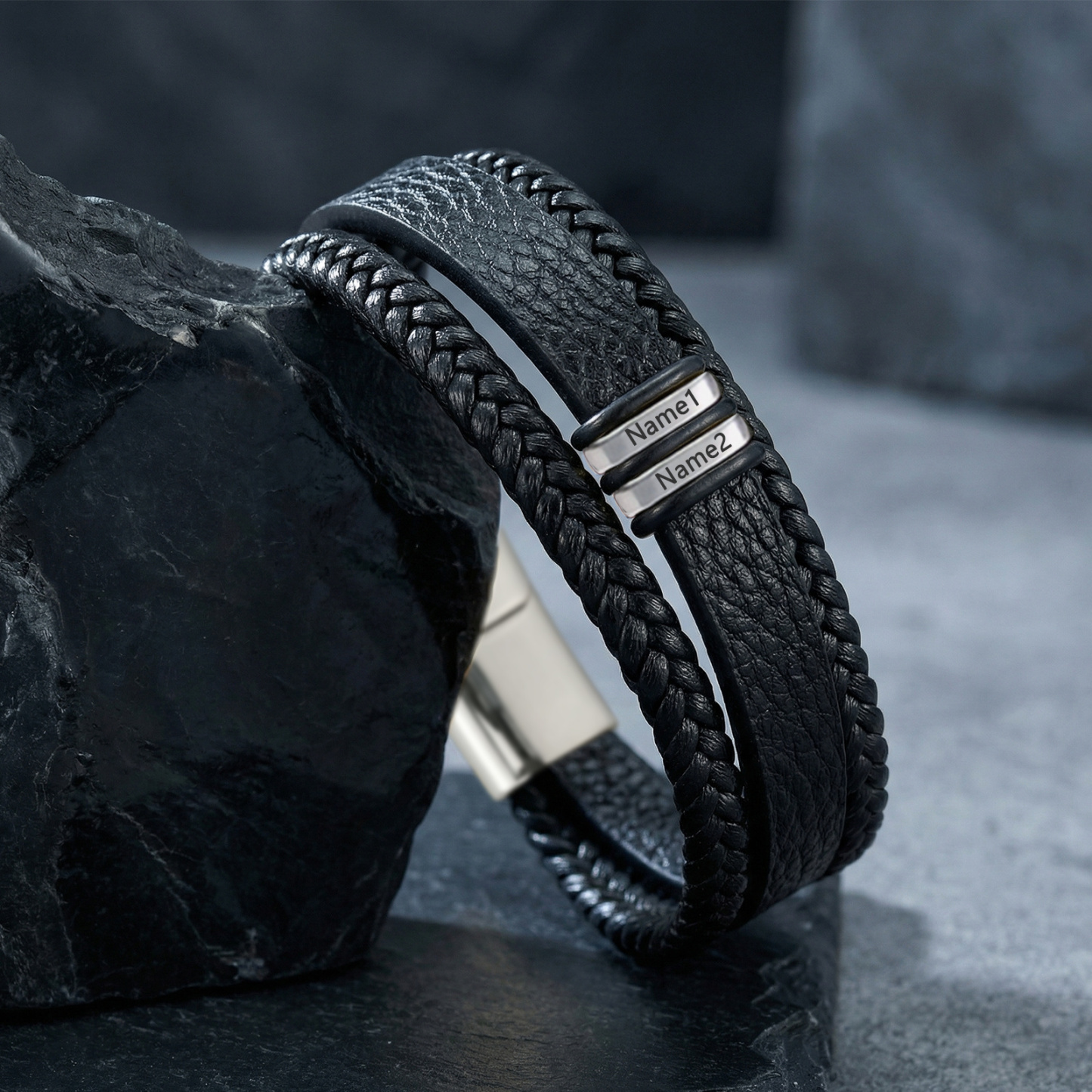 Personalized Braided Leather Bracelet for Men Custom with 2–6 Names Engraved