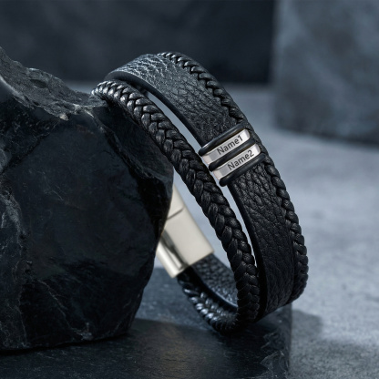 Personalized Braided Leather Bracelet for Men Custom with 2–6 Names Engraved