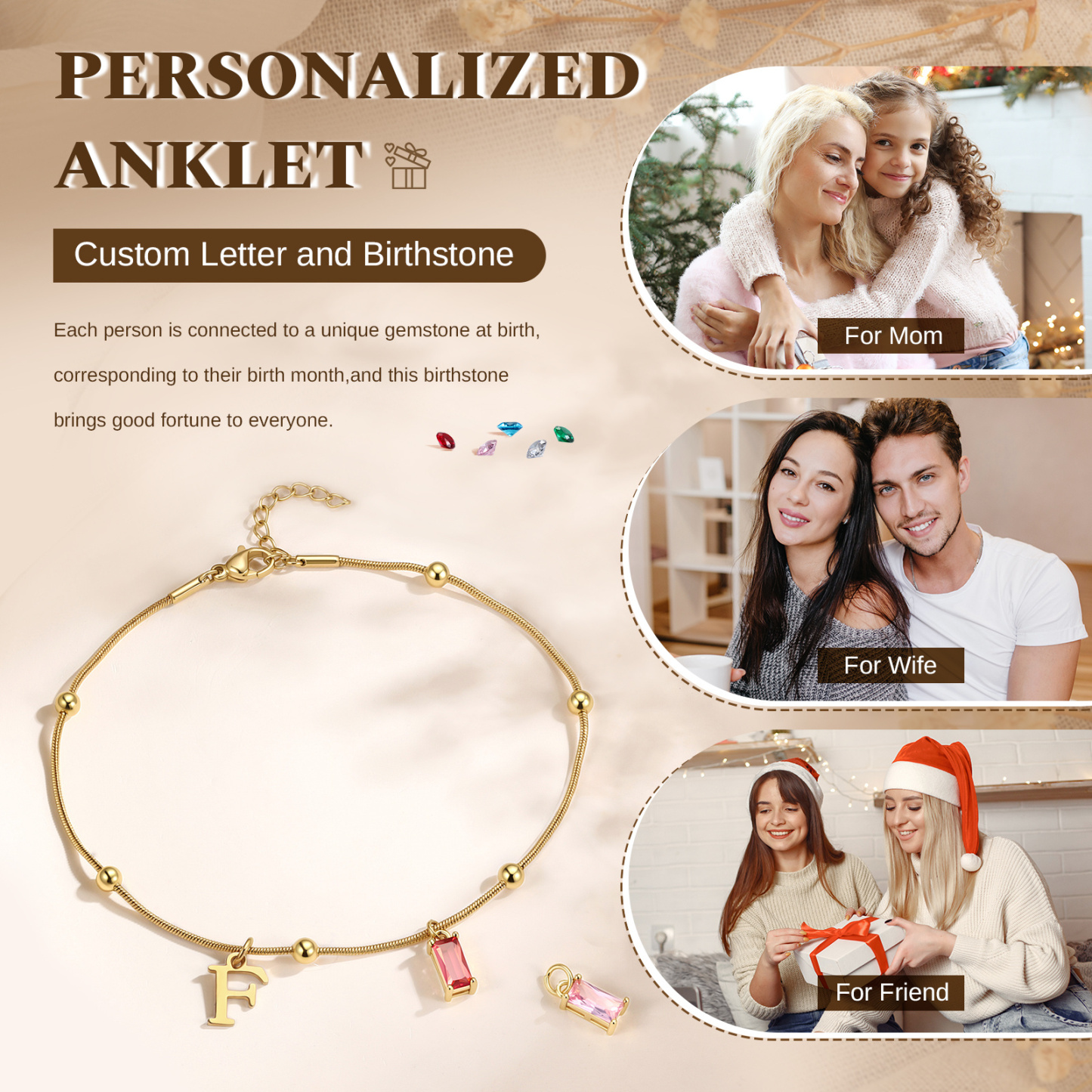 Personalized Initial Rectangle Birthstone Gold Anklet