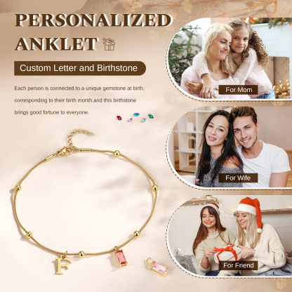 Personalized Initial Rectangle Birthstone Gold Anklet