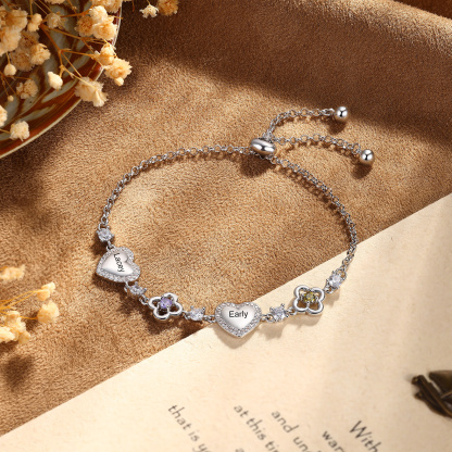 Personalized Birthstone Bracelet with Heart and Flowers Customized with 2–5 Names and Stones