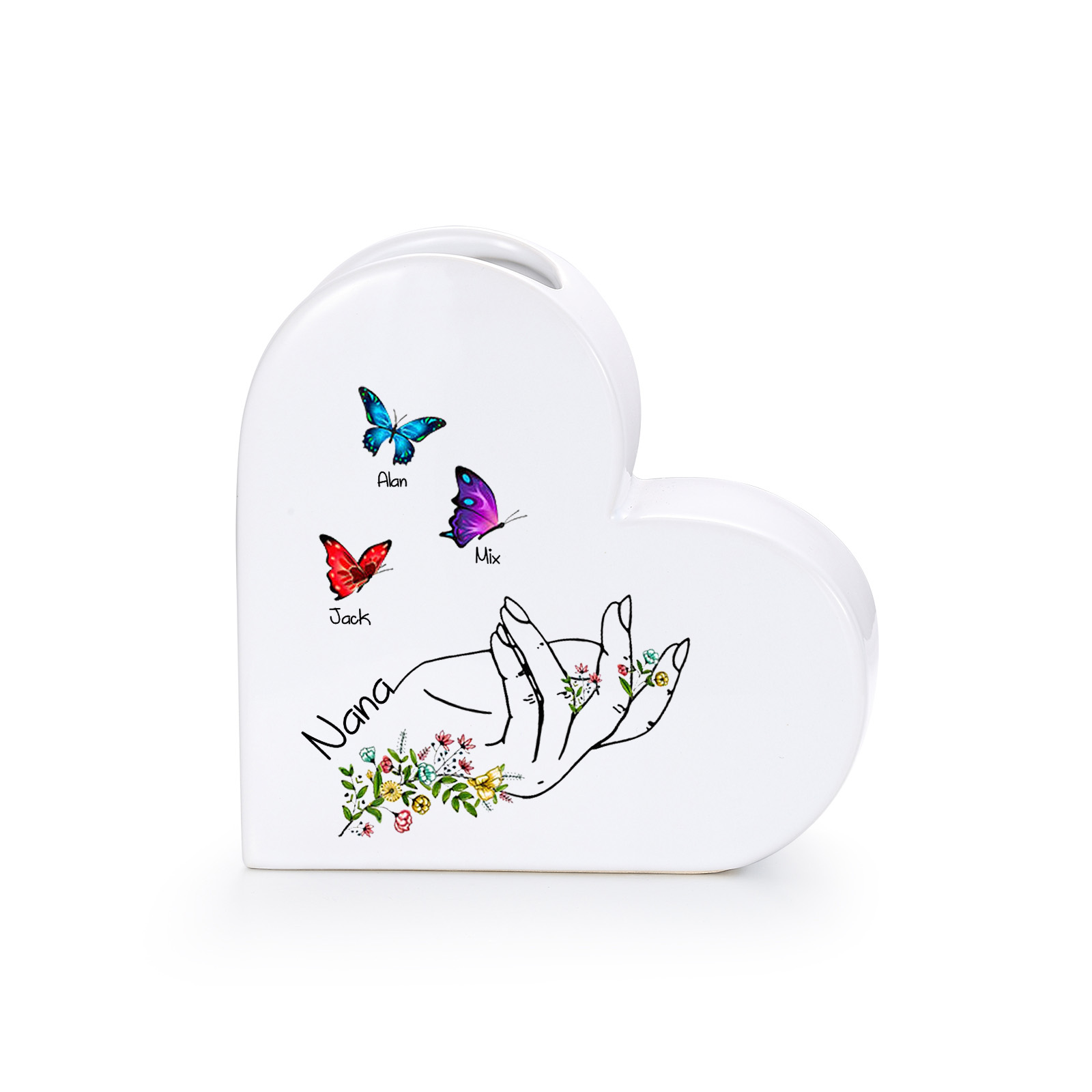 Personalized Ceramic Heart Vase Custom with 2–8 Names and Butterfly