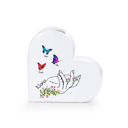 Personalized Ceramic Heart Vase Custom with 2–8 Names and Butterfly