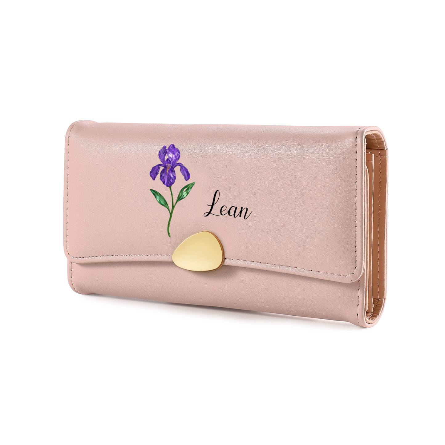Personalized Long Women Leather Wallet Custom with Birth Flower and Name