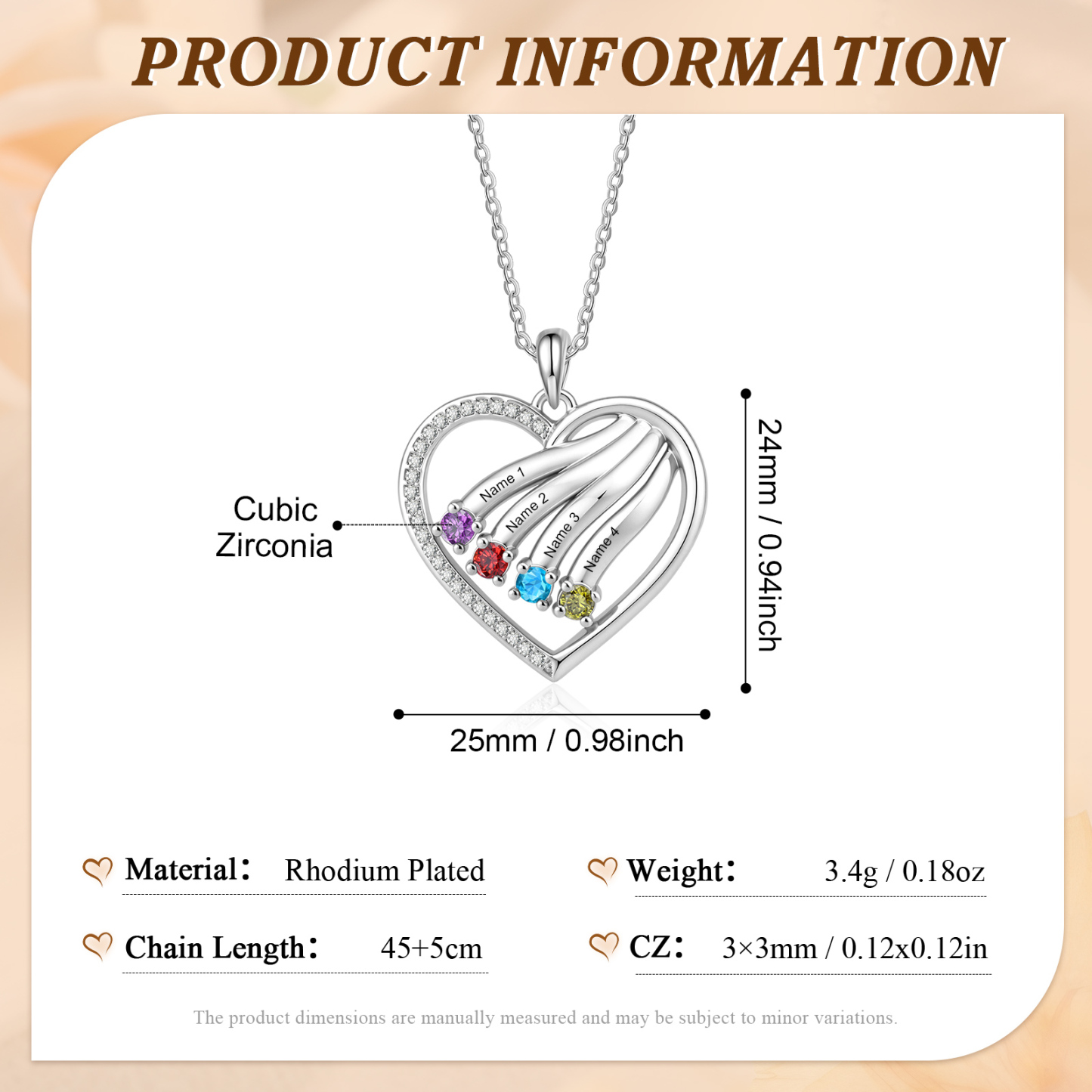 Personalized Heart Name Necklace Custom With Birthstones Engraved 4–6 Children’s Names